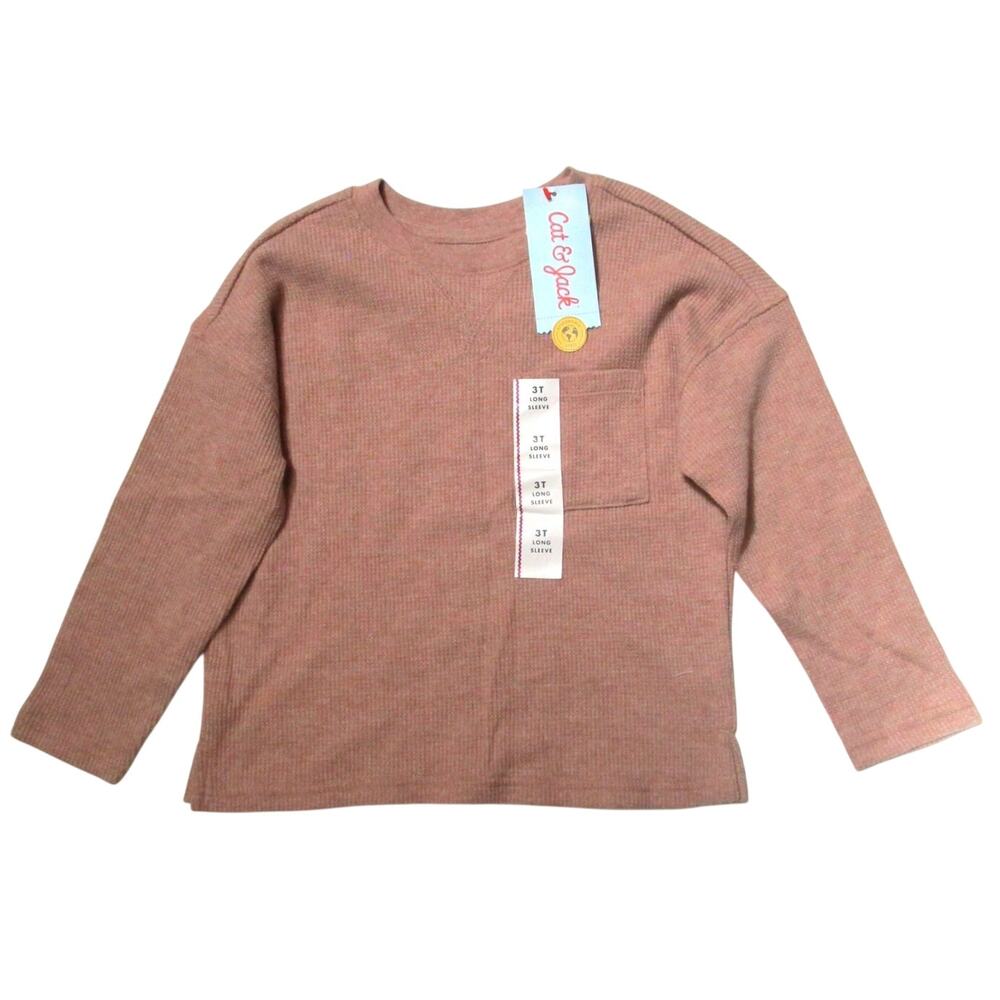 Cat & Jack Boy's Brown Ribbed Knit Shirt Size 3T Pocket Long Sleeve Toddler Top